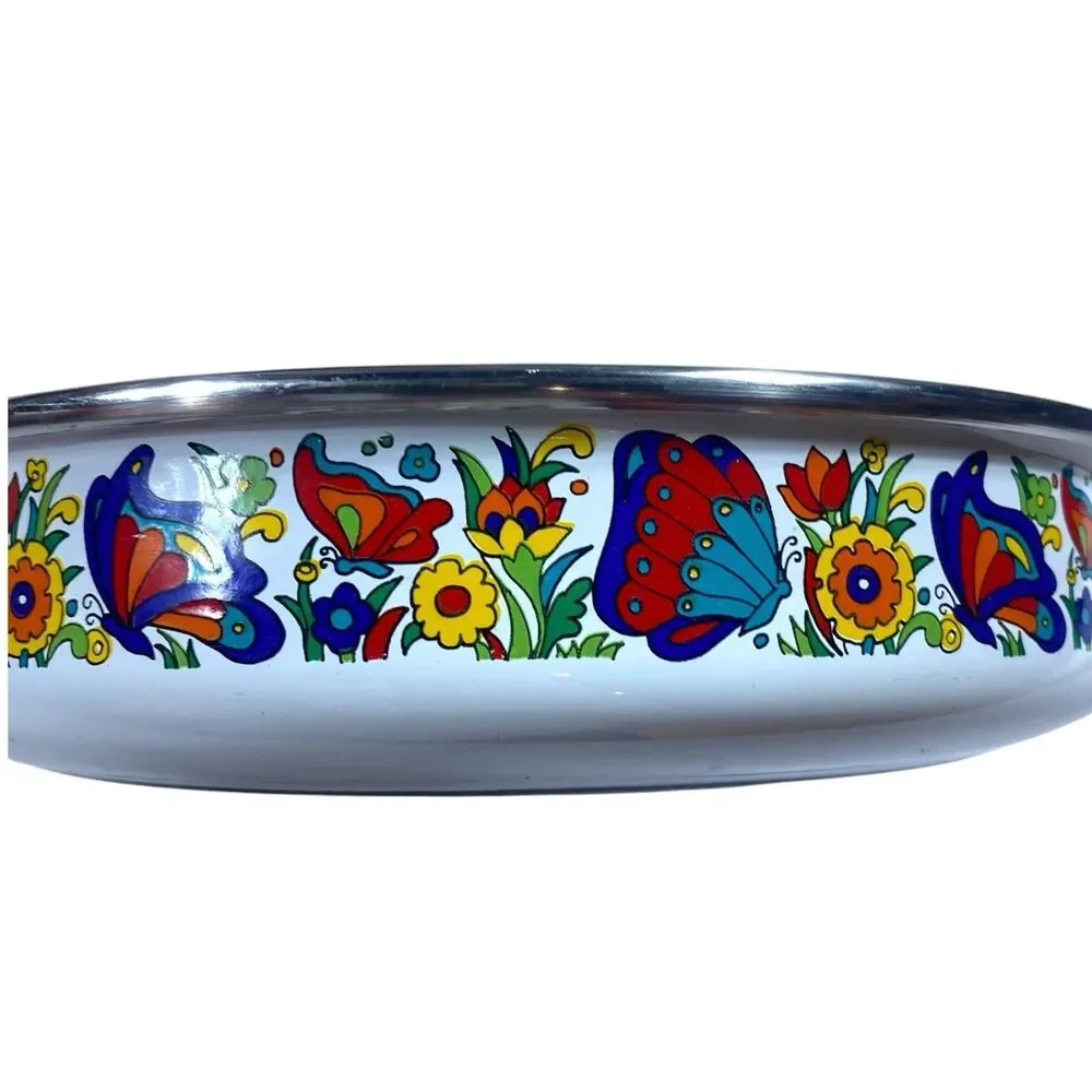 Vintage 70s Enamel Skillet Frying Pan Retro Floral Butterflies 10 inch
